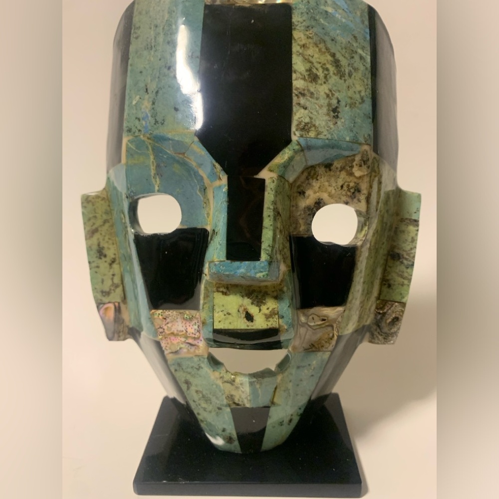 Geometric Green and Black Face Sculpture Art